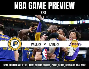 NBA Game Preview featuring the Indiana Pacers and Los Angeles Lakers, with details about staying updated on sports scores, picks, stats, odds, and analysis.