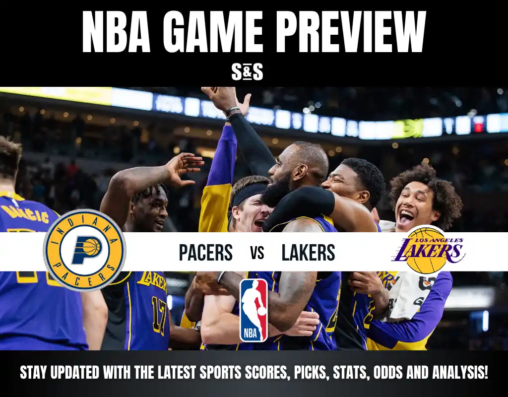 NBA Game Preview featuring the Indiana Pacers and Los Angeles Lakers, with details about staying updated on sports scores, picks, stats, odds, and analysis.