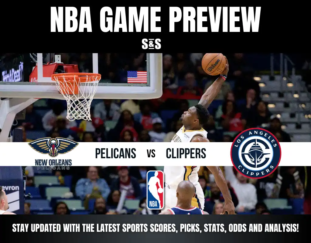NBA game preview for New Orleans Pelicans vs Los Angeles Clippers with basketball action and team logos.