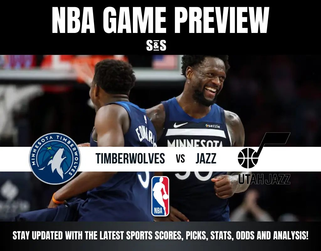 NBA game preview featuring Minnesota Timberwolves vs Utah Jazz with players in action and team logos.