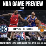 NBA Game Preview graphic with two basketball players in action. Los Angeles Clippers logo on the left, New York Knicks logo on the right. Dynamic and competitive atmosphere.