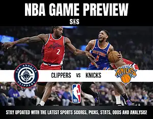 NBA Game Preview graphic with two basketball players in action. Los Angeles Clippers logo on the left, New York Knicks logo on the right. Dynamic and competitive atmosphere.