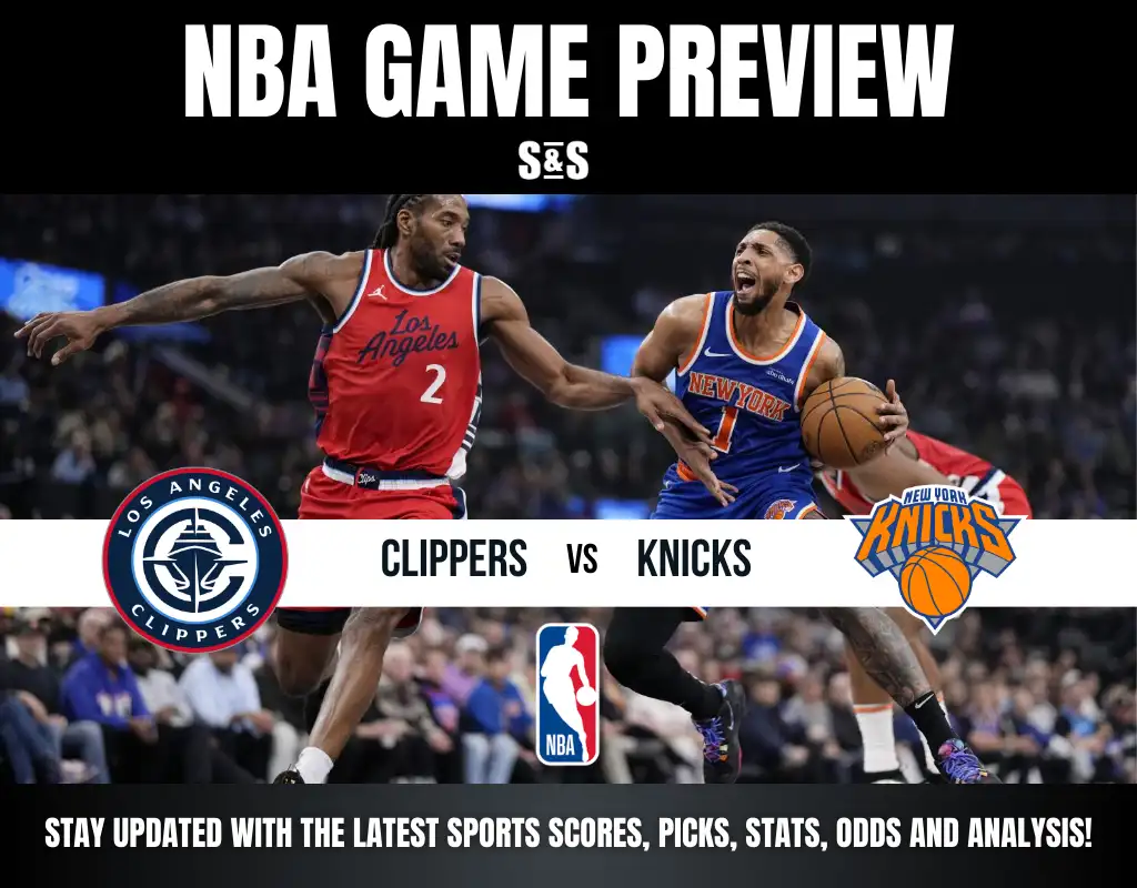 NBA Game Preview graphic with two basketball players in action. Los Angeles Clippers logo on the left, New York Knicks logo on the right. Dynamic and competitive atmosphere.