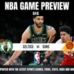 NBA game preview graphic featuring the Boston Celtics vs. Phoenix Suns with players in action and team logos.