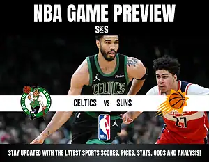 NBA game preview graphic featuring the Boston Celtics vs. Phoenix Suns with players in action and team logos.