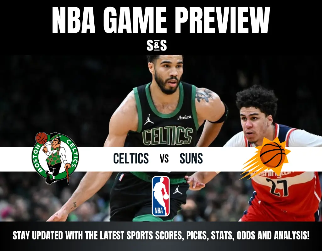 NBA game preview graphic featuring the Boston Celtics vs. Phoenix Suns with players in action and team logos.