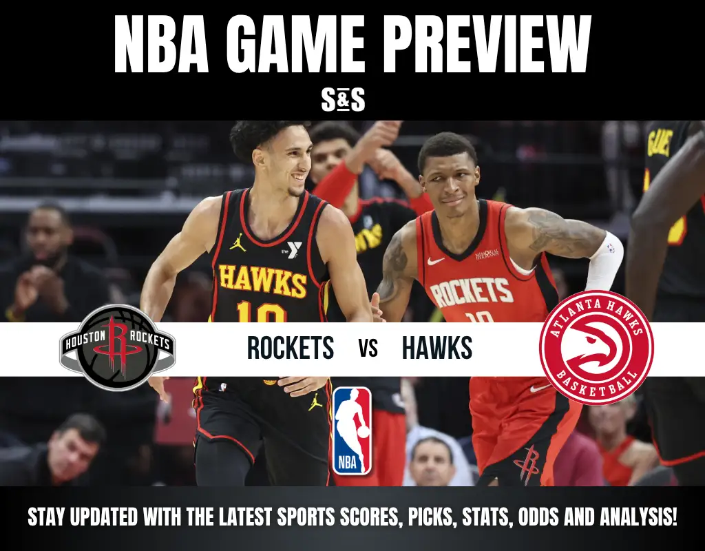NBA game preview featuring Houston Rockets vs Atlanta Hawks with players in action and team logos.