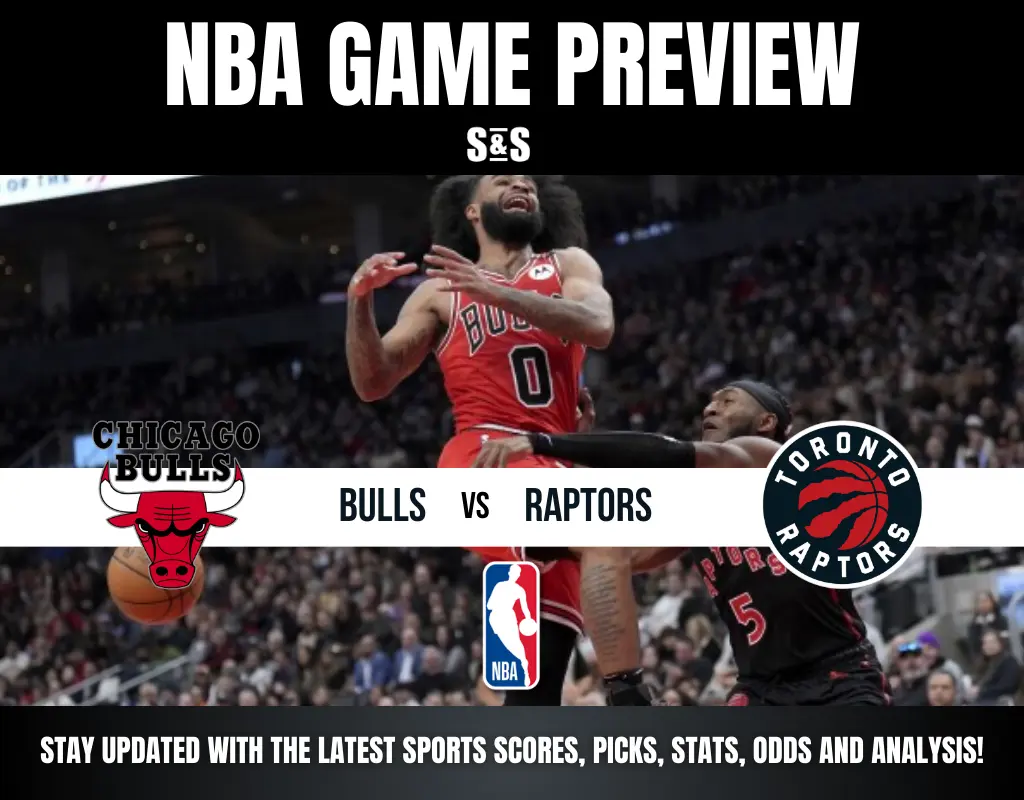 NBA game preview featuring Chicago Bulls vs Toronto Raptors with players in action and team logos.