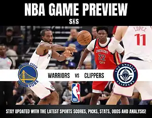 NBA game preview featuring the Golden State Warriors vs. Los Angeles Clippers, highlighting player action and team logos.