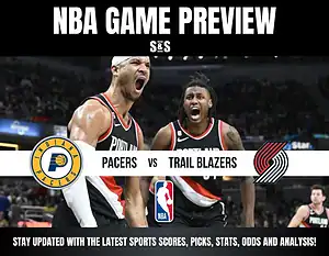 NBA game preview featuring the Indiana Pacers vs. Trail Blazers, with images of players celebrating.