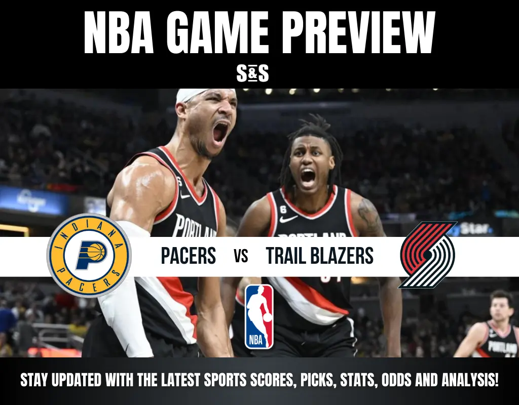 NBA game preview featuring the Indiana Pacers vs. Trail Blazers, with images of players celebrating.