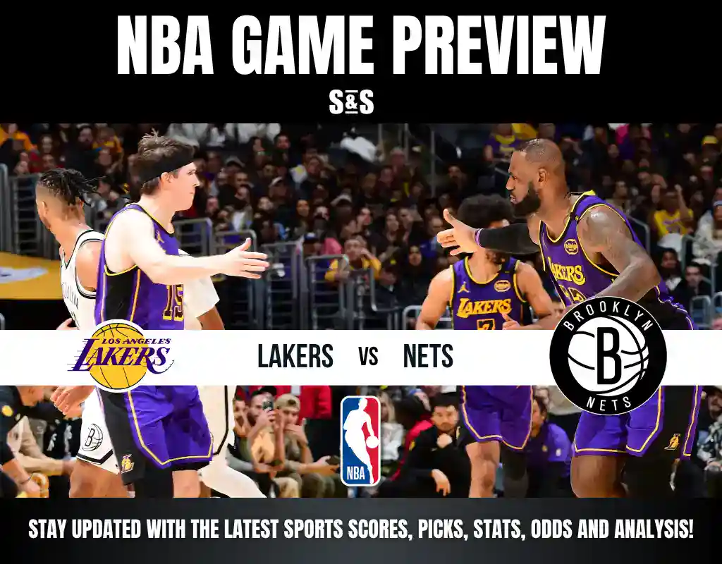 NBA game preview graphic featuring Los Angeles Lakers vs Brooklyn Nets with players in action on court.