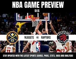 NBA game preview for the Denver Nuggets vs Toronto Raptors with action shot of players reaching for the basketball near the hoop.
