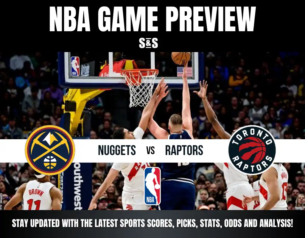 NBA game preview for the Denver Nuggets vs Toronto Raptors with action shot of players reaching for the basketball near the hoop.