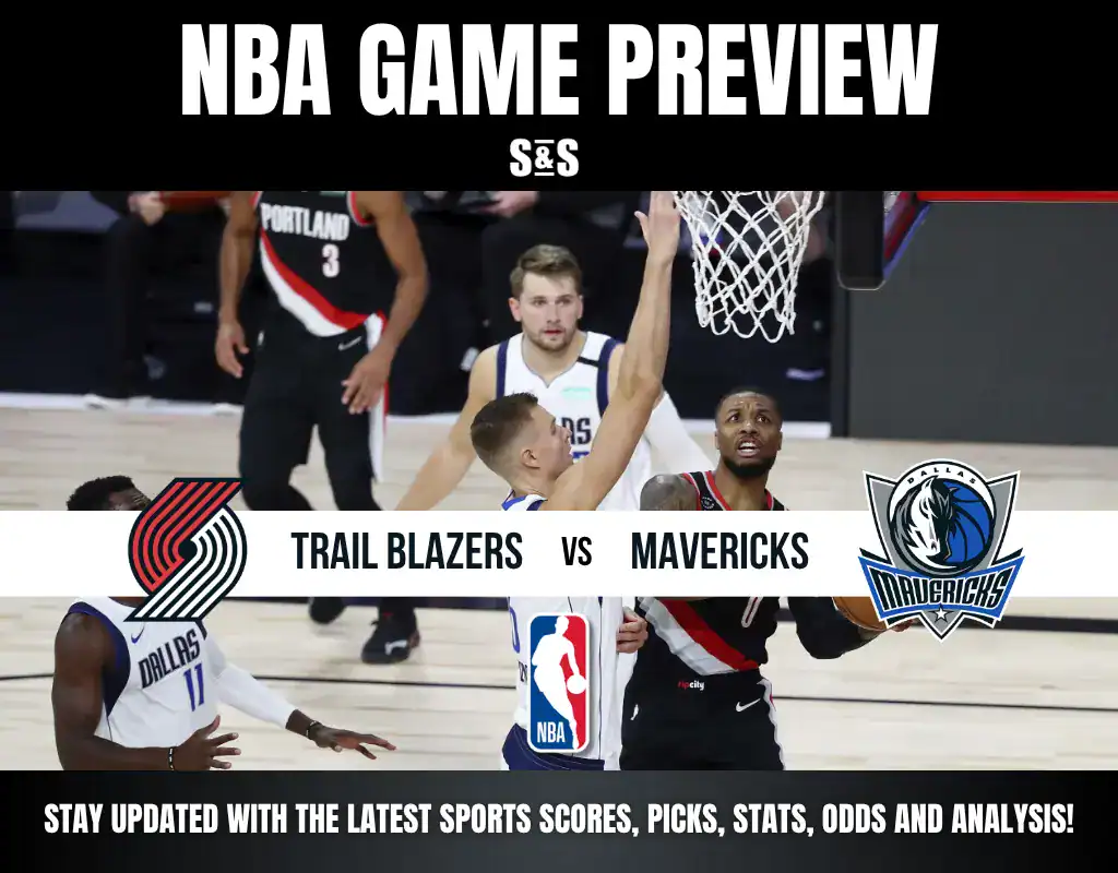 NBA game preview graphic showing Trail Blazers vs Mavericks with players in action on the court and team logos.