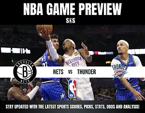 NBA GAME PREVIEW featuring the teams Brooklyn Nets and Oklahoma City Thunder, with information on how to stay updated with the latest sports scores, picks, stats, odds, and analysis.