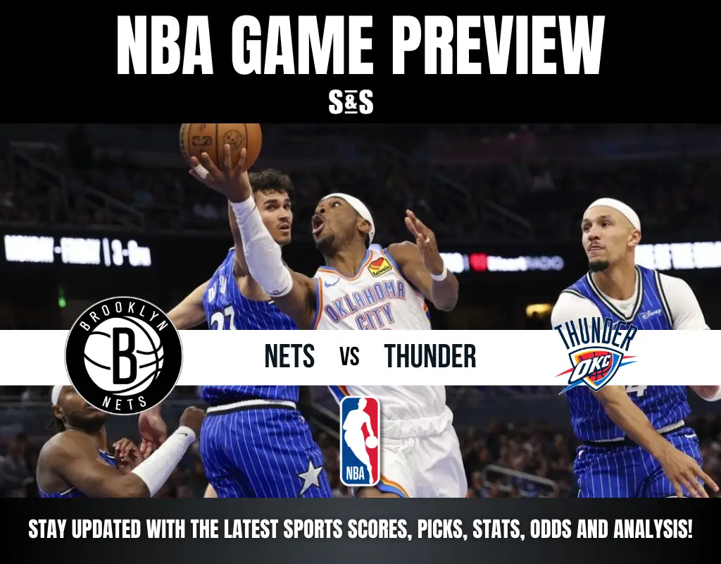 NBA GAME PREVIEW featuring the teams Brooklyn Nets and Oklahoma City Thunder, with information on how to stay updated with the latest sports scores, picks, stats, odds, and analysis.