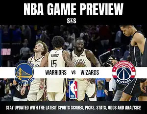 NBA game preview featuring Golden State Warriors vs Washington Wizards with players on the court and team logos.