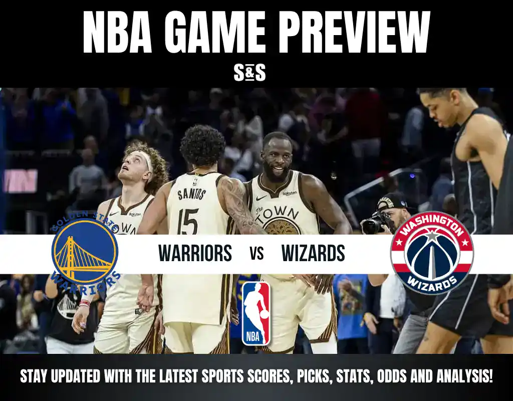 NBA game preview featuring Golden State Warriors vs Washington Wizards with players on the court and team logos.
