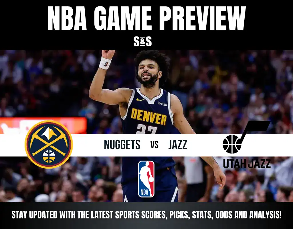 Alt text: NBA game preview graphic showing Denver Nuggets vs Utah Jazz with a player in a Nuggets jersey raising one arm.