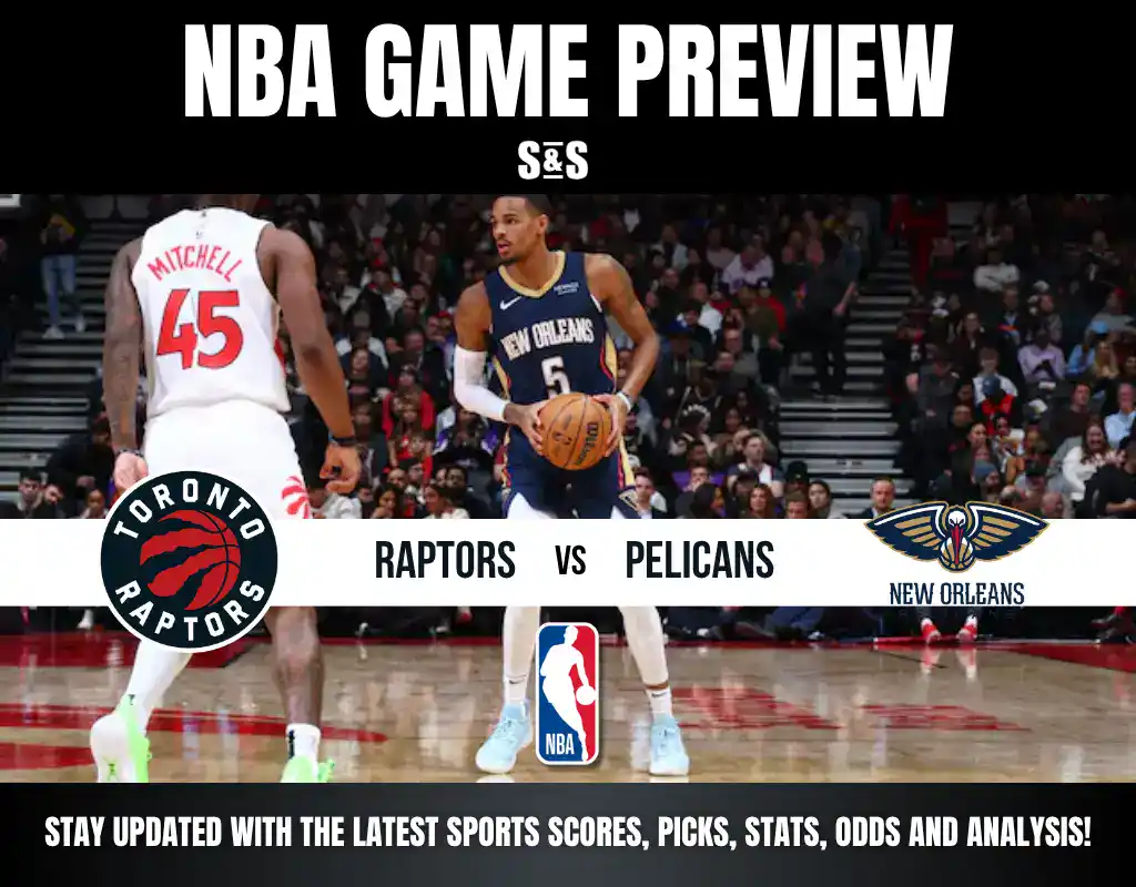 NBA game preview featuring Toronto Raptors vs New Orleans Pelicans with players on the court and team logos displayed.