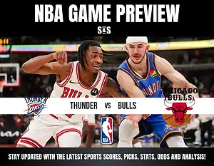 NBA game preview graphic showing Thunder vs Bulls with action shot of players in white and blue jerseys on court.