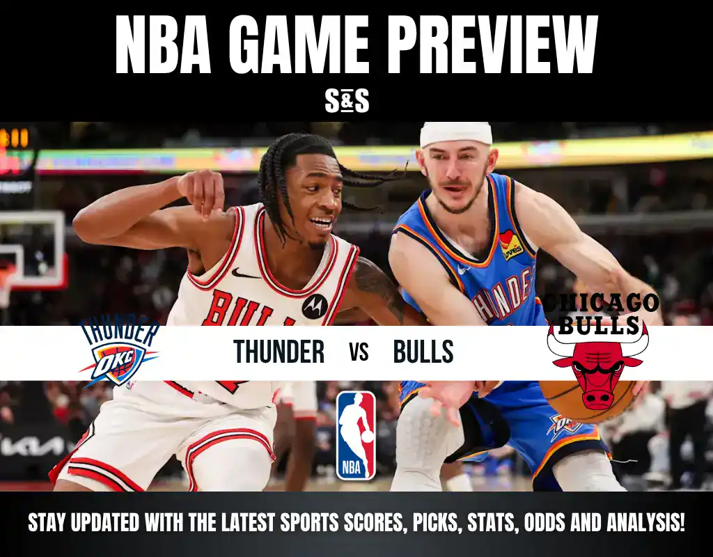 NBA game preview graphic showing Thunder vs Bulls with action shot of players in white and blue jerseys on court.