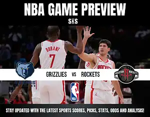 NBA Game Preview featuring Grizzlies vs Rockets, with the logos of both teams and a caption to stay updated with sports scores, picks, stats, odds, and analysis.
