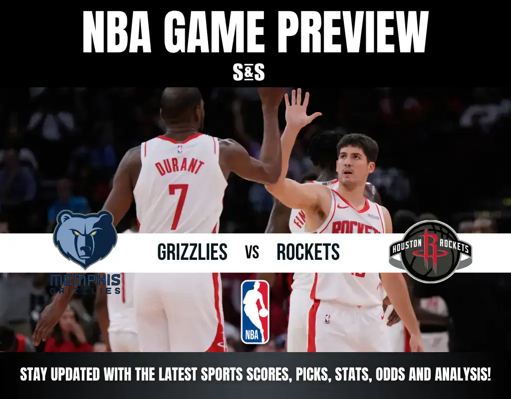 NBA Game Preview featuring Grizzlies vs Rockets, with the logos of both teams and a caption to stay updated with sports scores, picks, stats, odds, and analysis.