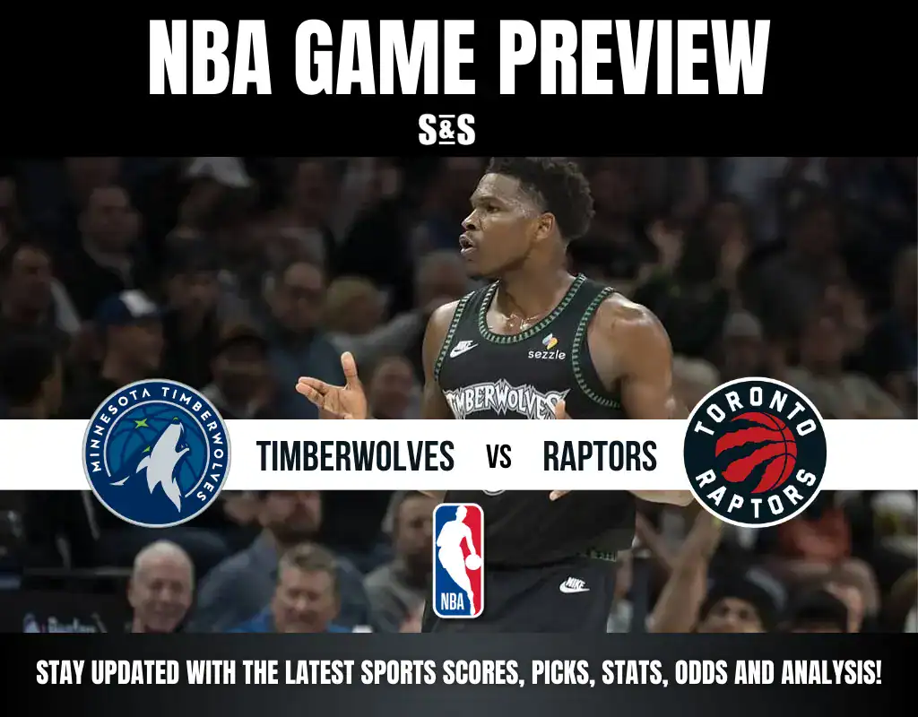 NBA Game Preview featuring Timberwolves vs Raptors, with a player from the Minnesota Timberwolves in action.