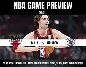 NBA Game Preview graphic featuring a Chicago Bulls player in action against the Oklahoma City Thunder, with team logos displayed.