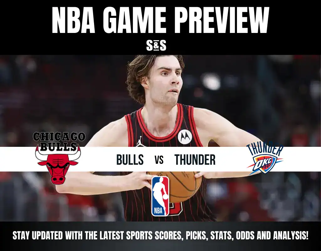 NBA Game Preview graphic featuring a Chicago Bulls player in action against the Oklahoma City Thunder, with team logos displayed.