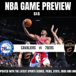 NBA game preview poster showing a player from the 76ers attempting a layup against Cavaliers defenders. Logos of both teams are displayed prominently.