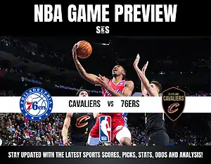 NBA game preview poster showing a player from the 76ers attempting a layup against Cavaliers defenders. Logos of both teams are displayed prominently.