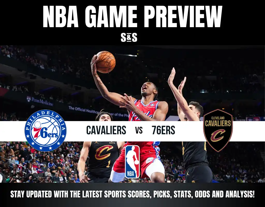 NBA game preview poster showing a player from the 76ers attempting a layup against Cavaliers defenders. Logos of both teams are displayed prominently.