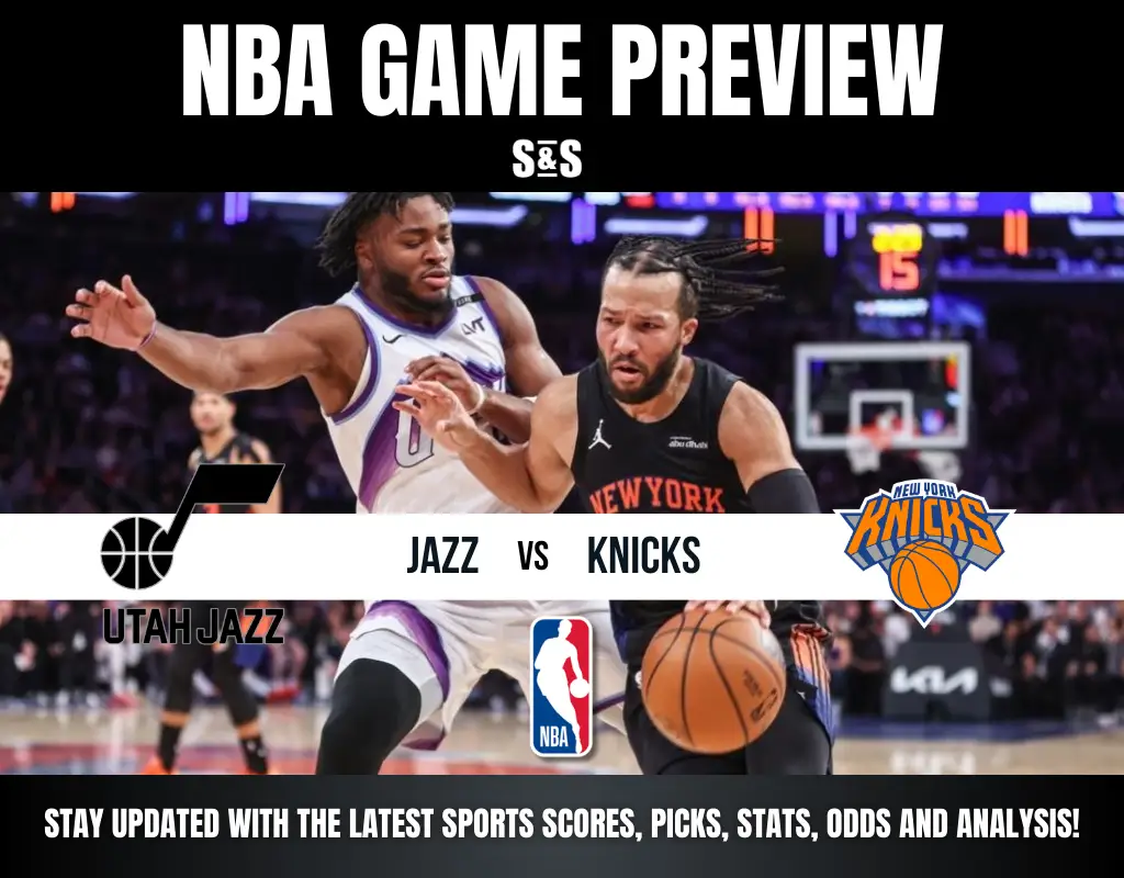NBA game preview graphic featuring players from the Utah Jazz and New York Knicks, highlighting their matchup.