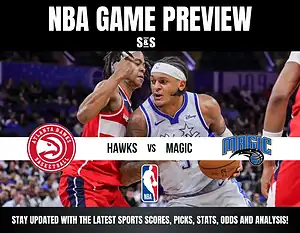 NBA game preview graphic featuring the Atlanta Hawks vs. Orlando Magic with players in action and team logos.