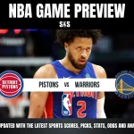NBA game preview featuring Detroit Pistons vs Golden State Warriors with a player in a Pistons jersey in the background.