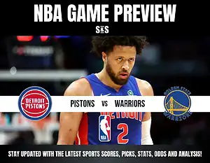 NBA game preview featuring Detroit Pistons vs Golden State Warriors with a player in a Pistons jersey in the background.