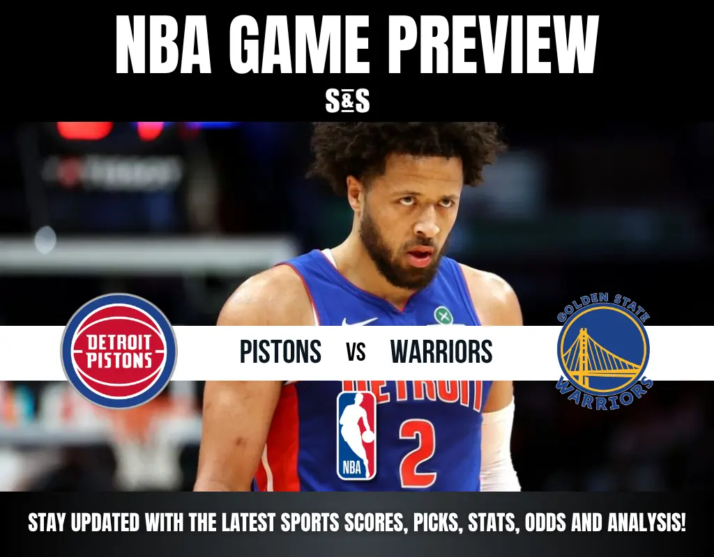 NBA game preview featuring Detroit Pistons vs Golden State Warriors with a player in a Pistons jersey in the background.