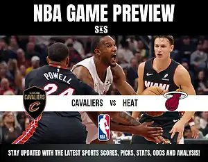 NBA Game Preview featuring the Cleveland Cavaliers vs. Miami Heat, with player images and team logos.