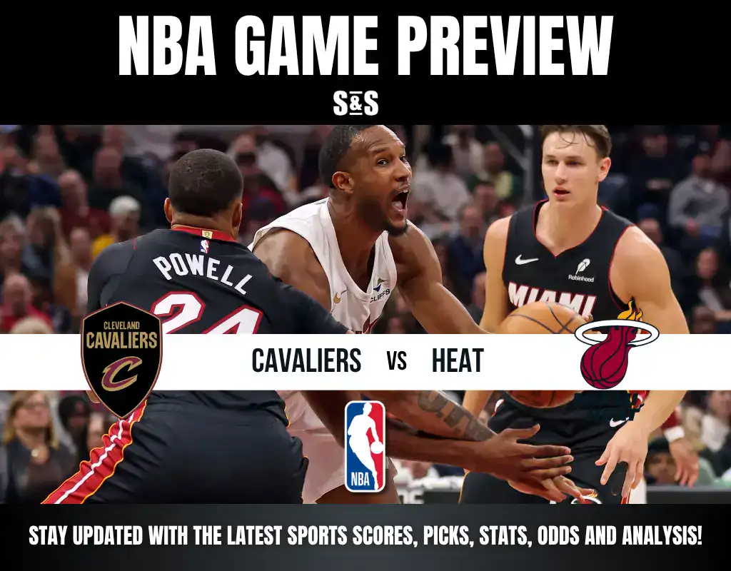 NBA Game Preview featuring the Cleveland Cavaliers vs. Miami Heat, with player images and team logos.