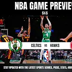 NBA game preview featuring Boston Celtics vs Atlanta Hawks, with a focus on player action and team logos.