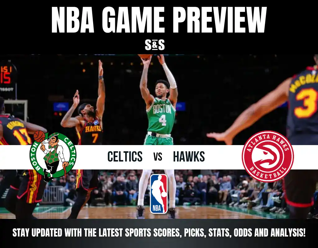 NBA game preview featuring Boston Celtics vs Atlanta Hawks, with a focus on player action and team logos.