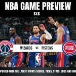 NBA Game Preview featuring Washington Wizards vs Detroit Pistons, with players from both teams on the court.