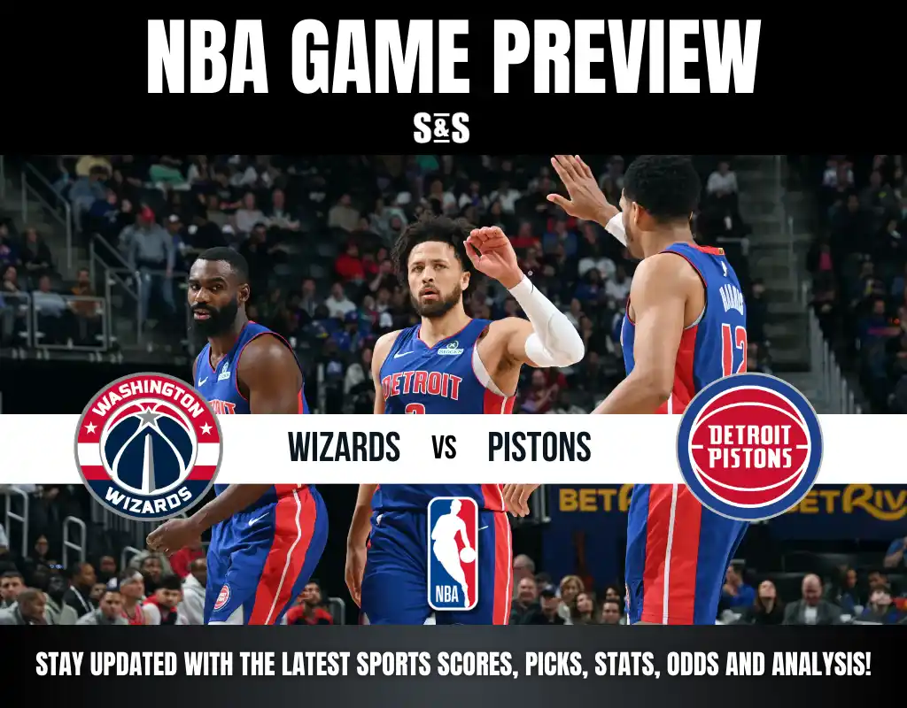 NBA Game Preview featuring Washington Wizards vs Detroit Pistons, with players from both teams on the court.