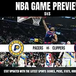 NBA game preview featuring the Indiana Pacers vs. Los Angeles Clippers, with a player making a jump shot in the background.