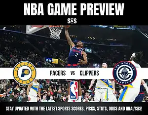 NBA game preview featuring the Indiana Pacers vs. Los Angeles Clippers, with a player making a jump shot in the background.