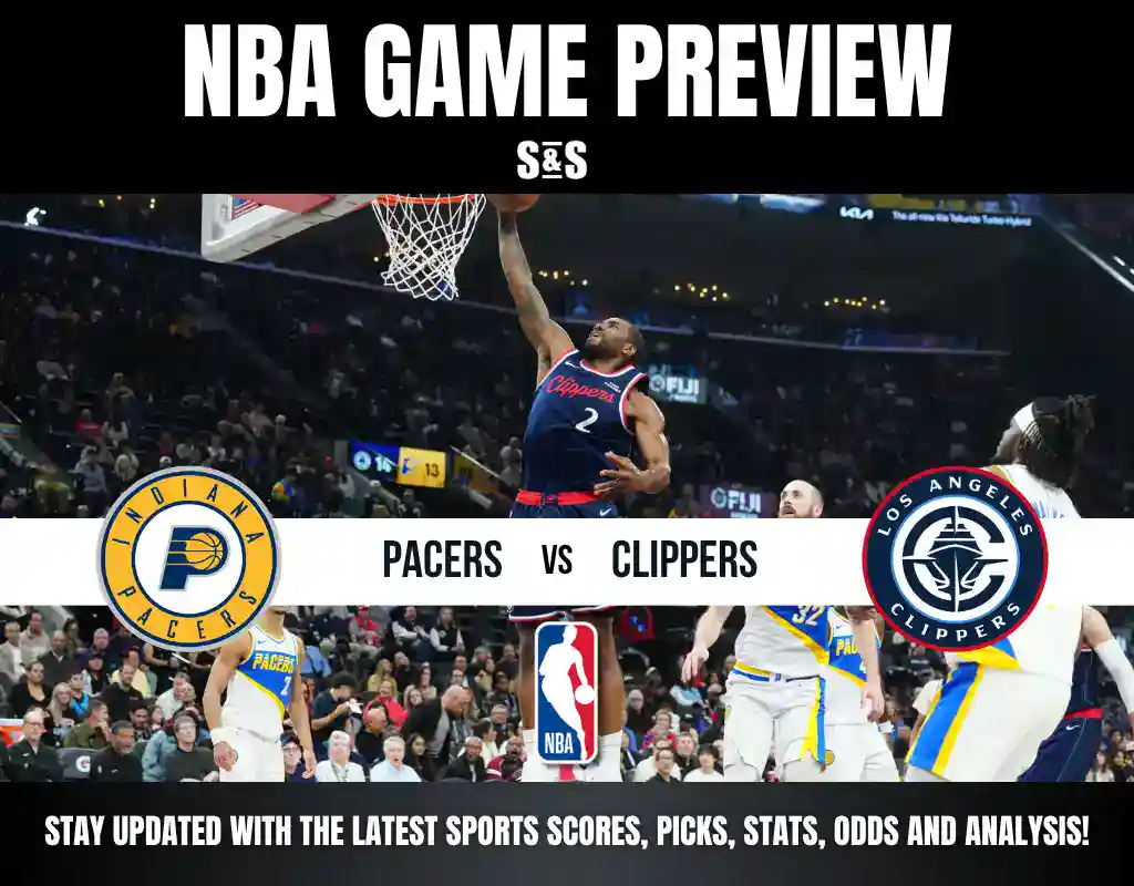 NBA game preview featuring the Indiana Pacers vs. Los Angeles Clippers, with a player making a jump shot in the background.
