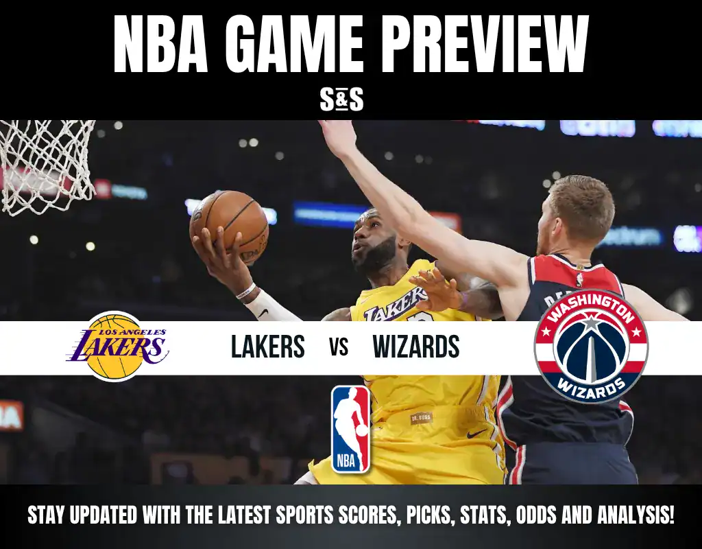 NBA game preview featuring the Lakers vs. Wizards, with images and text indicating updates on sports scores, picks, stats, odds, and analysis.